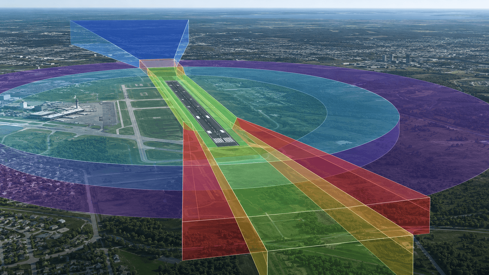Aerial airfield view with runway geometry, an obstruction marker, and translucent protected-surface overlays.