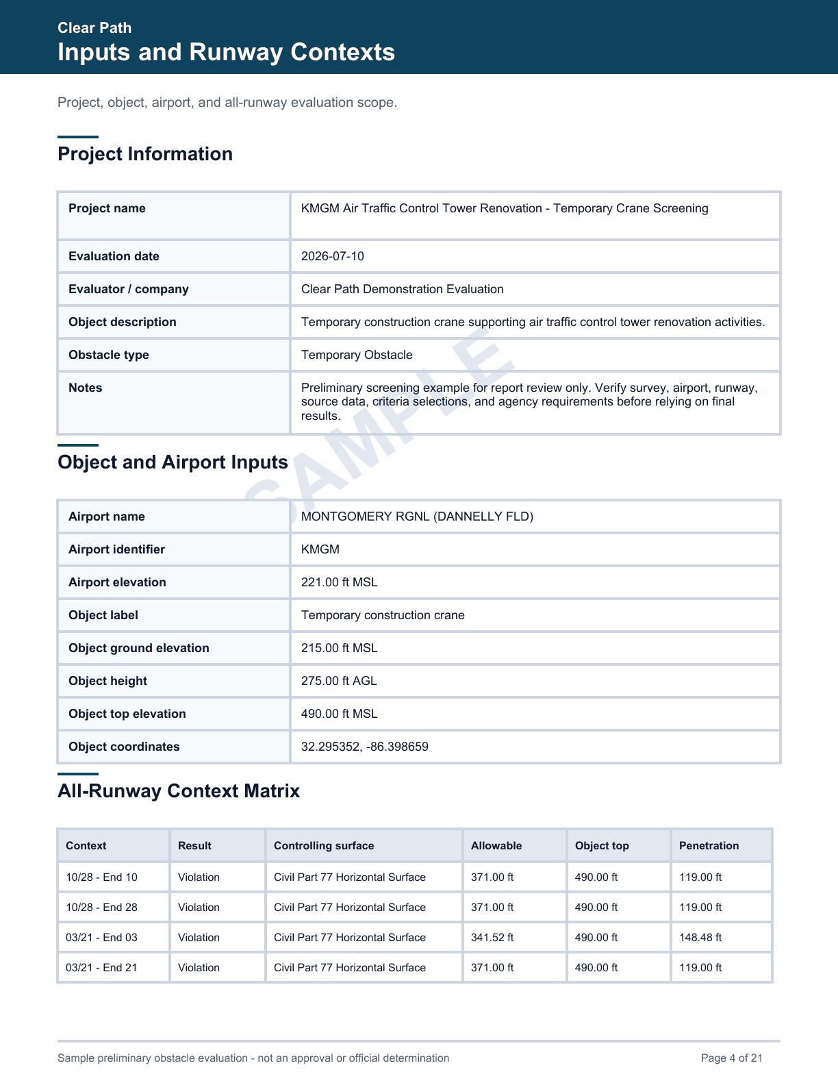 Inputs page showing the KMGM temporary crane object and all four runway-end evaluation contexts.